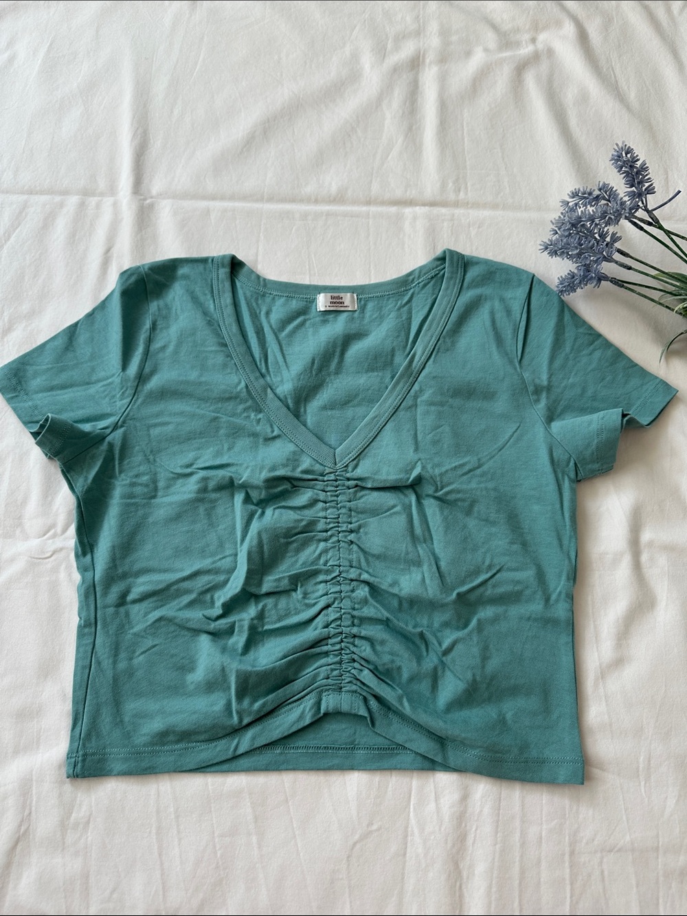 Little Moon Teal Ruched V-Neck Crop Top